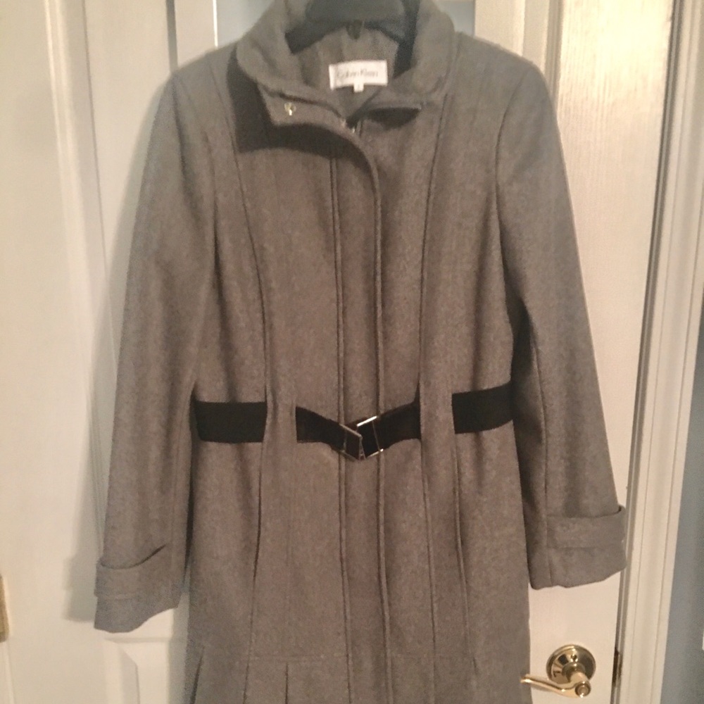 Calvin Klein grey pea coat with bottom pleats